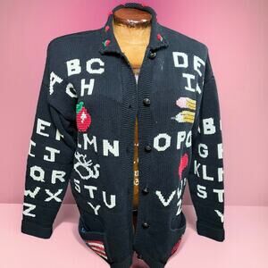 VINTAGE 90s Eagles Eye Teacher Cardigan Size S Cottagecore Knit Rare Alphabet